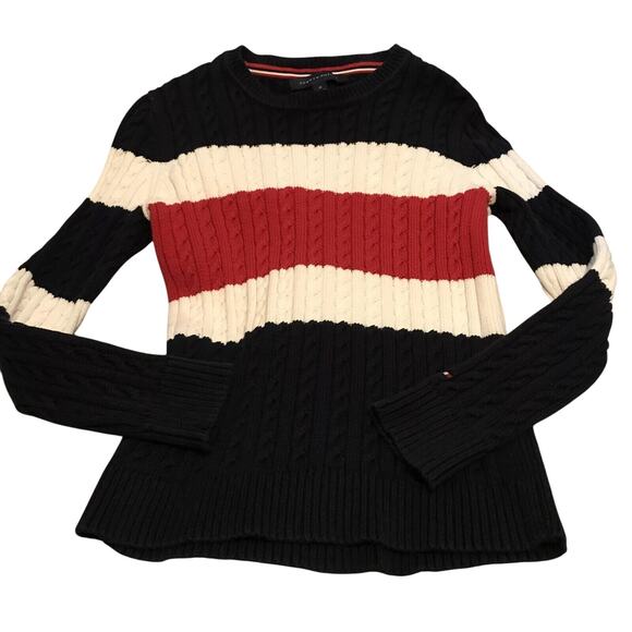 Tommy Hilfiger Women's Blue Color block Cotton Cable-Knit Sweater Size M - Picture 1 of 6